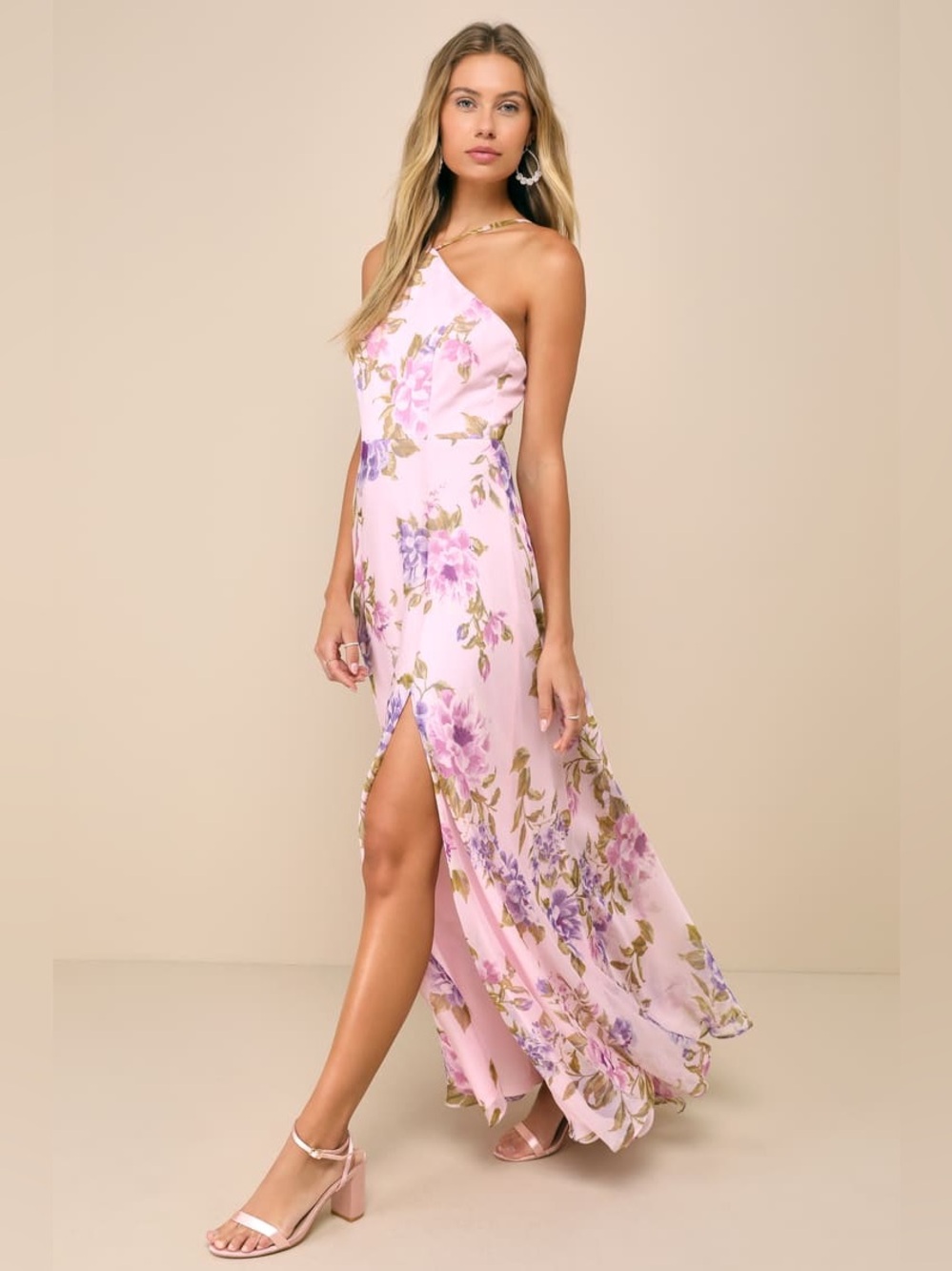 Lulus One-Shoulder Pink Floral Tie Maxi Dress